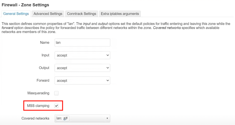 OpenWrt firewall zone settings for LAN zone with MSS clamping option checked.