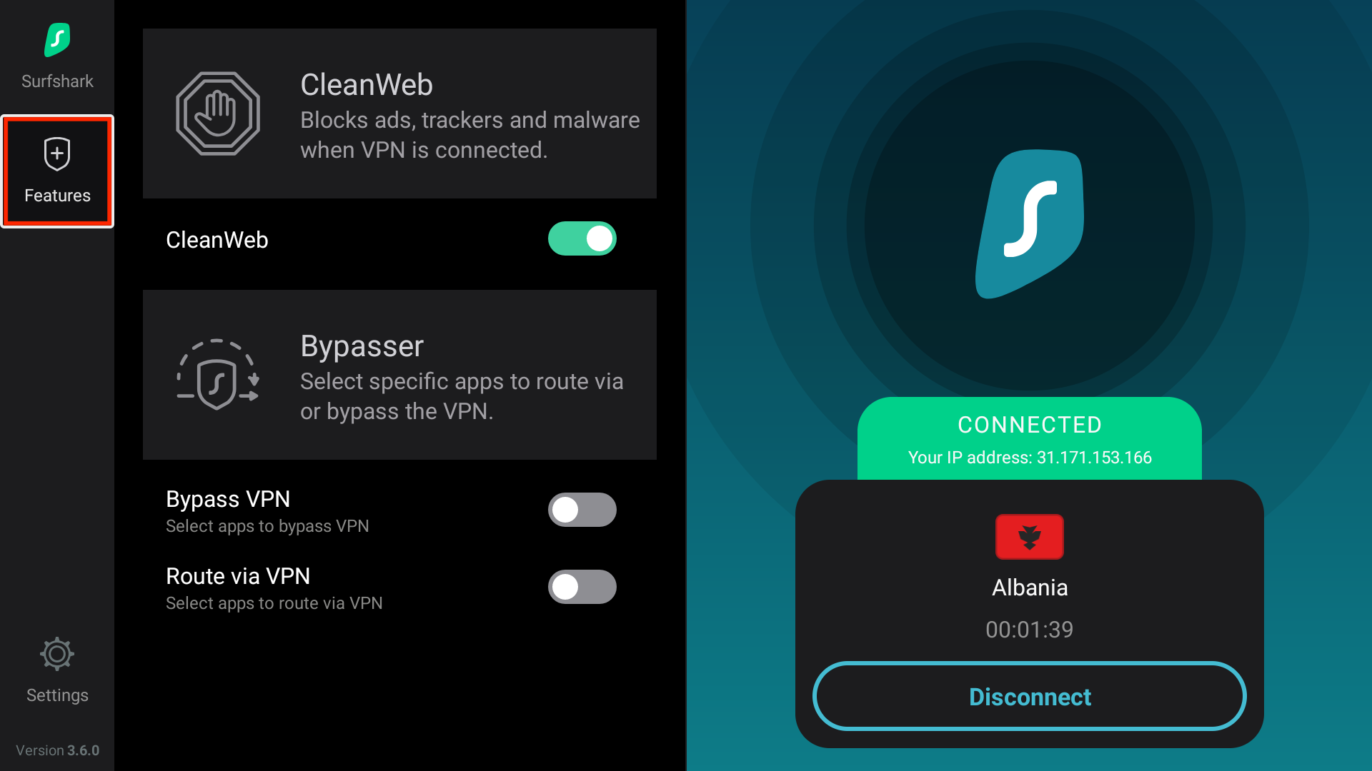 Surfshark VPN “Features” tab on Fire TV, showing enabled CleanWeb and disabled Bypasser options, while connected to Albania.