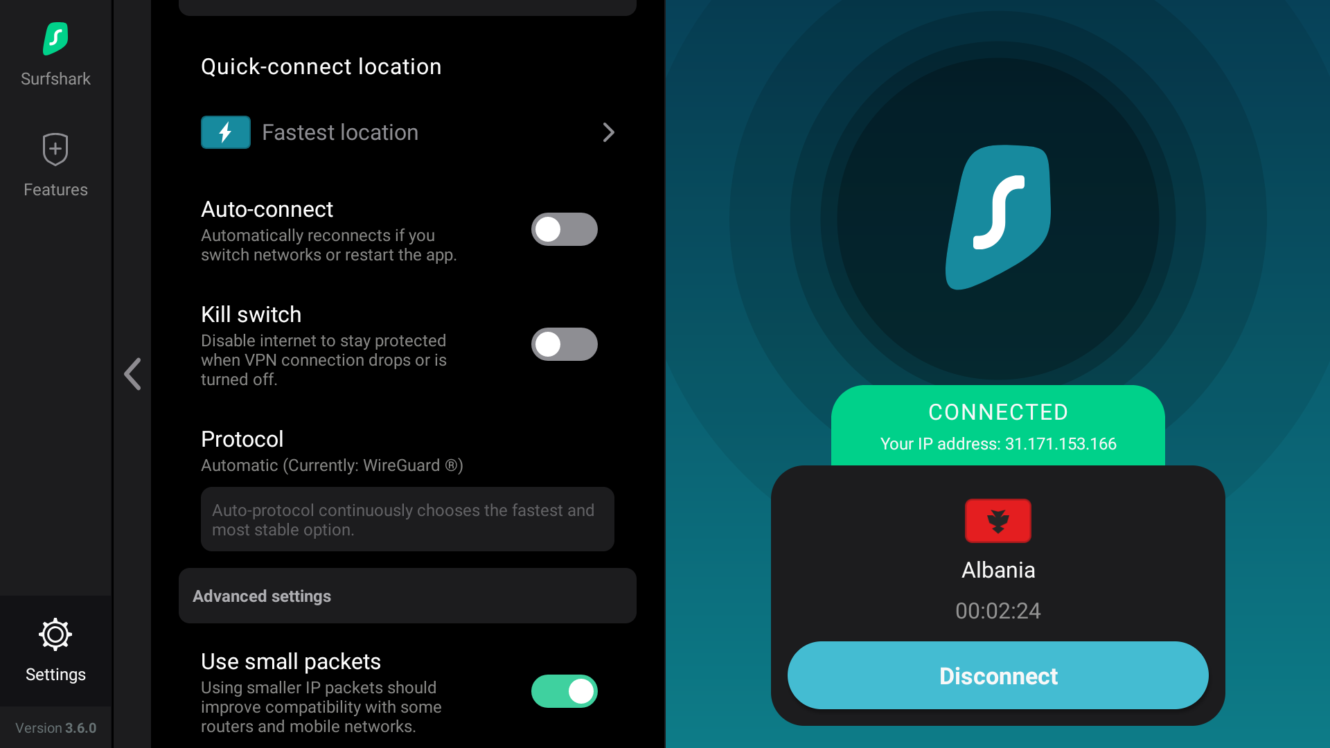 Surfshark VPN “VPN settings” screen on Fire TV with options for quick-connect location, auto-connect, kill switch, and protocol set to WireGuard.
