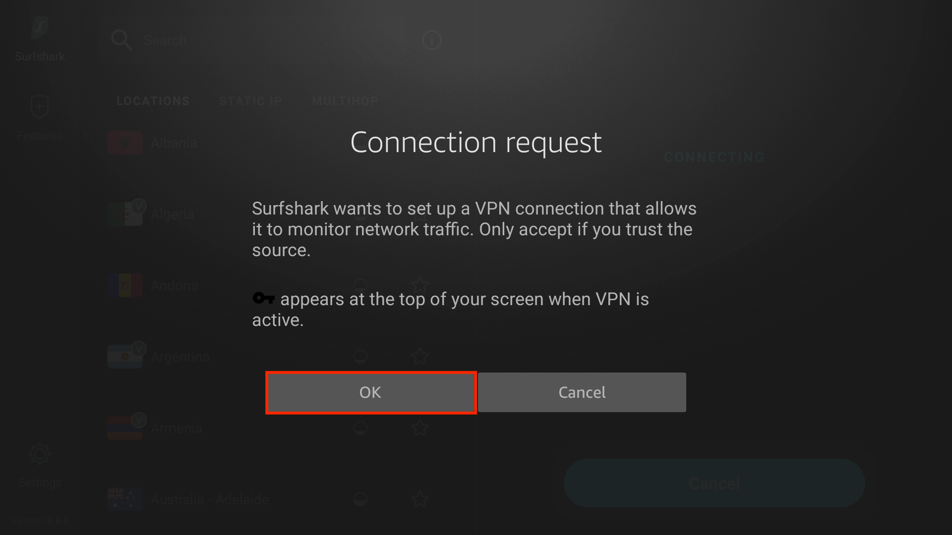 VPN connection request screen on Fire TV asking for permission to allow Surfshark to set up a secure connection, with 