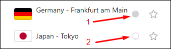 Surfshark VPN location selection interface showing Germany - Frankfurt am Main and Japan - Tokyo with bubble and star icons, Germany selected.