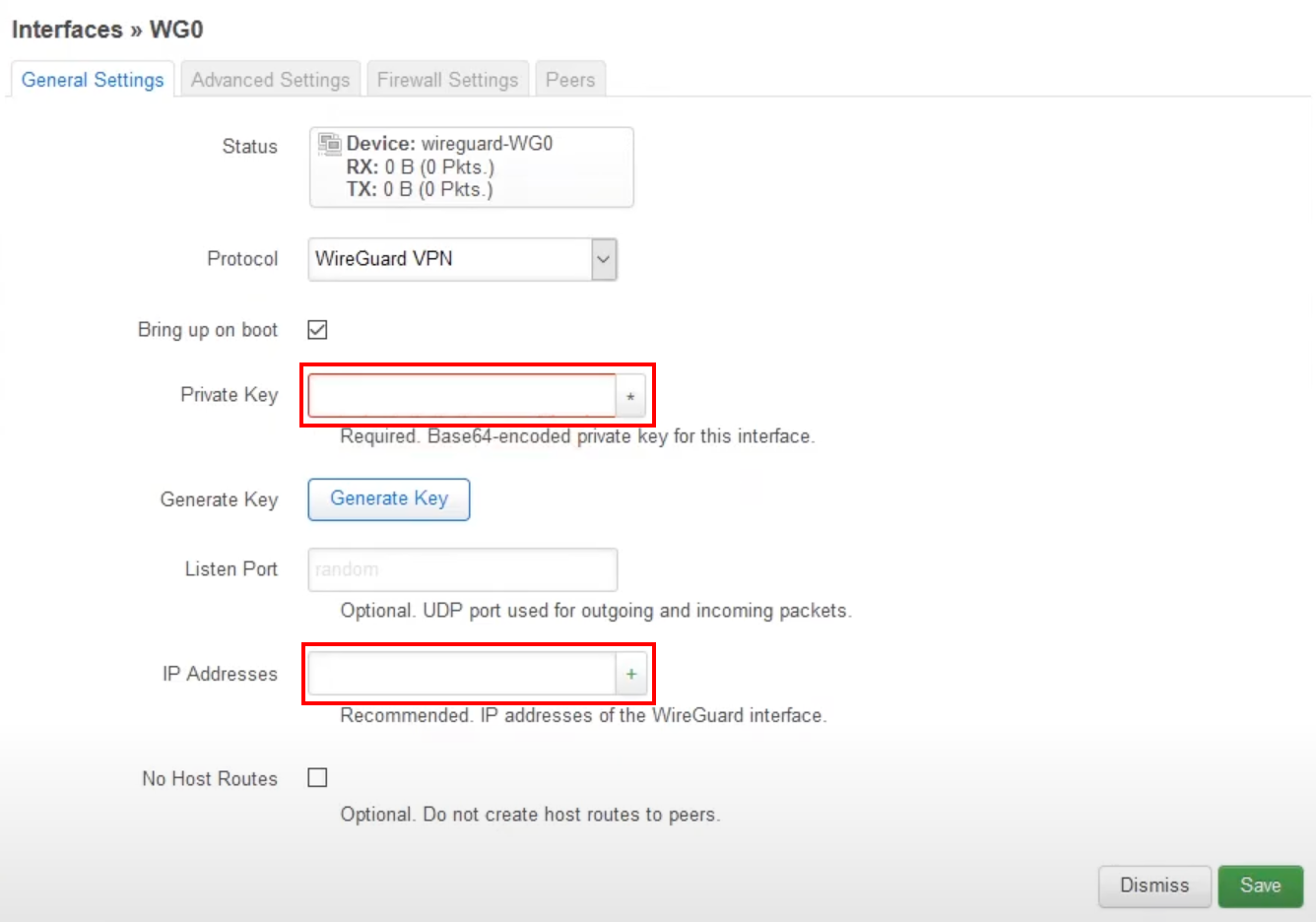 OpenWrt WireGuard interface settings screen with fields for private key and IP addresses highlighted.